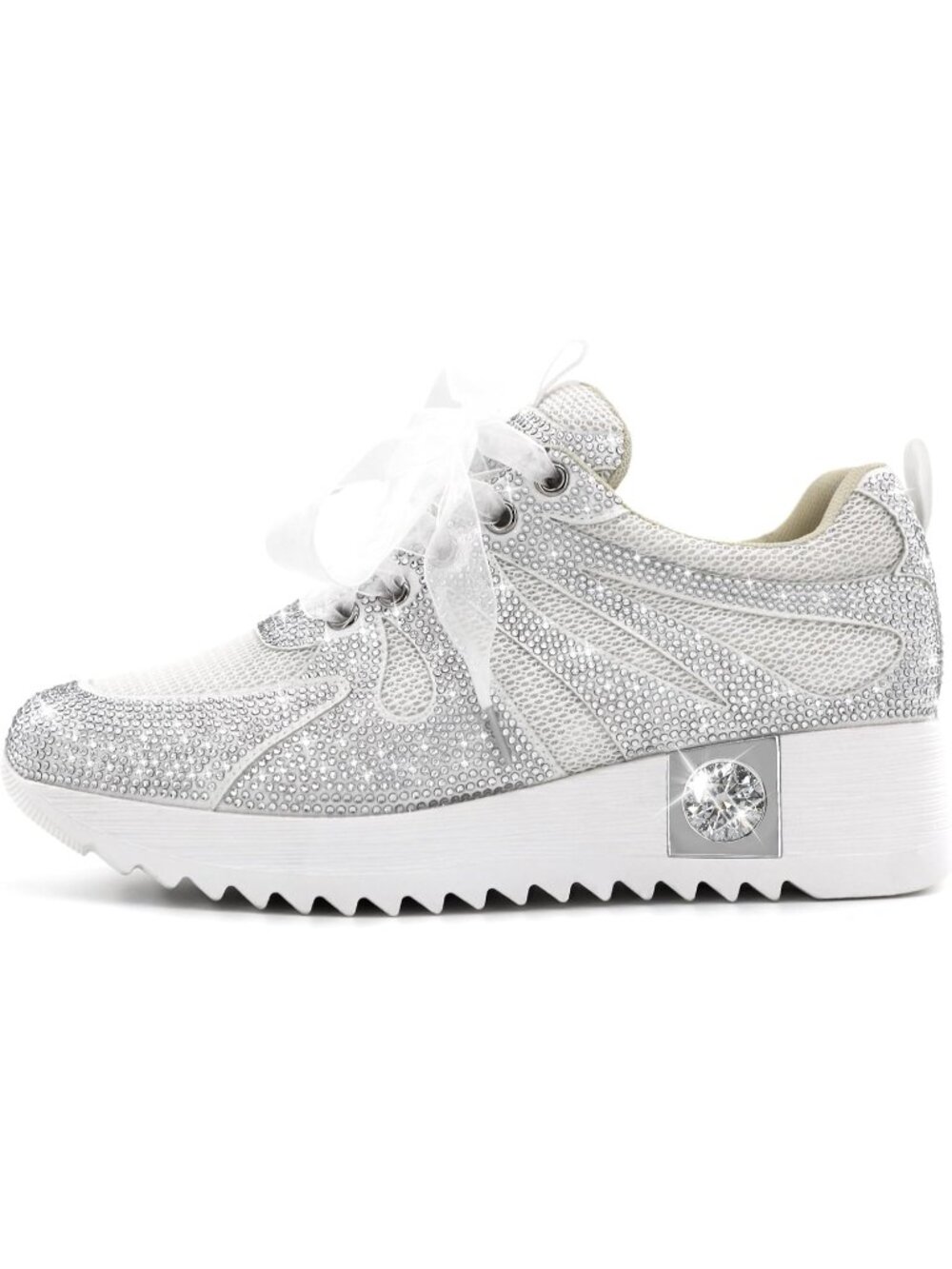 Women's White With Mesh Glitter Sparkly Rhinestone High Top Trendy Sneakers - Picture 3 of 6